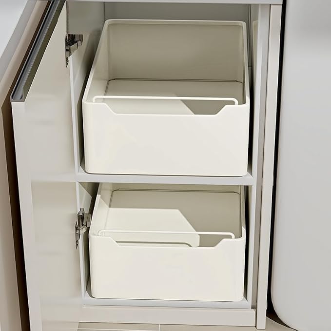 Takywep 25CM Wide Adhesive Pull Out Cabinet Organizer, Adjustable Expandable Pullout Cabinet Organizer for Framed & Frameless Cabinet, No Drill Pull Out Drawers for Kitchen,Bathroom, Under Basin,White