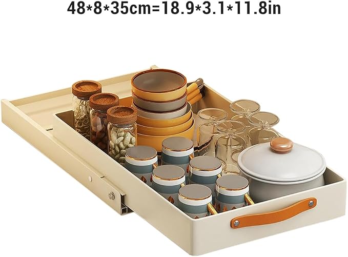 Pull Out Cabinet Organizer, Heavy Duty Slide Out Drawer, No Drill Pull Out Drawers, Sliding Pull-Out Pantry Shelves for For Cabinets, Roll out Shelf Storage for Kitchen Bathroom White(24cmW-48cmD)