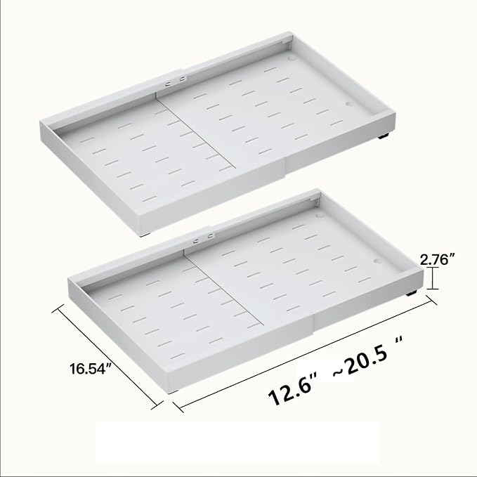 2PCS Expandable Pull Out Cabinet Organizer pots and pans organizer under cabinet Upgrade 3 Slide Rails Slide Out Drawers Roll Out Shelves Adhesive,Adjustable Width