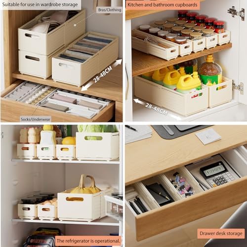 Extendable Pull-Out Cabinet Organizer, Depth Adjustable 28-48cm/11-19, Stackable Retractable Foldable Plastic Storage Bins, No Drilling, Perfect for Kitchen & Bathroom Pantry