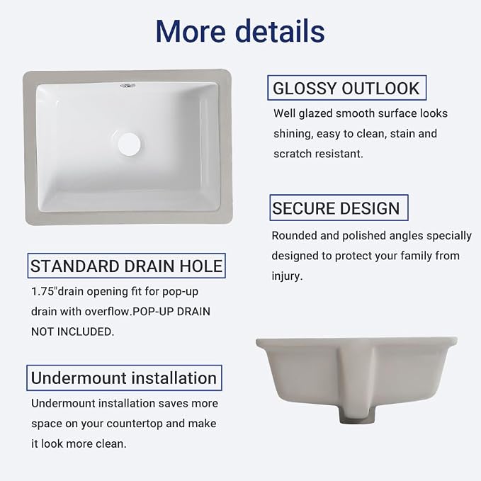 18in Undermount Bathroom Sink Rectangular, 18.1" x 13.8" Vessel Sink Rectrangle Undermount Bathroom Sink White Ceramic Lavatory Vanity Vessel Sink with Overflow