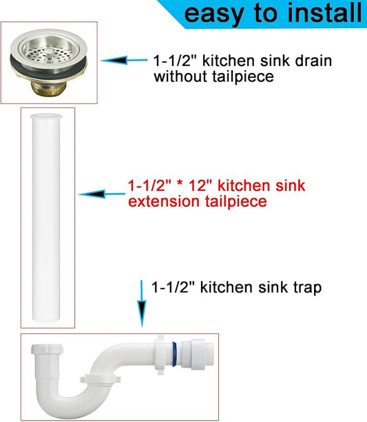 (1 Pack) Yariwiz White Sink Drain Extension Tailpiece 1 1/2 Inch x 12 inch Length for Kitchen Sink Drain Pipe Tubular KSD-006W