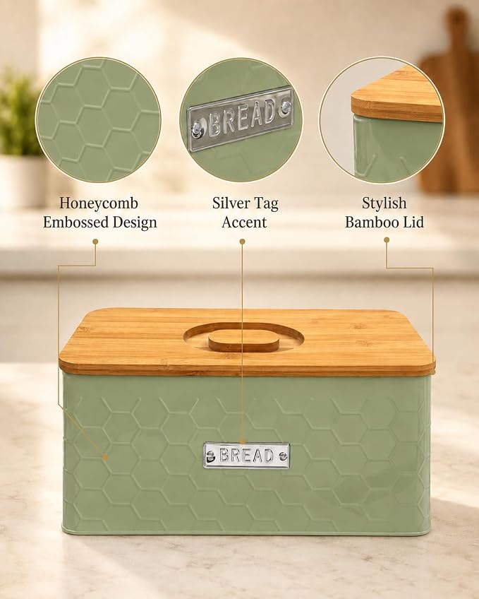 vensovo Bread Box for Countertop – Large Green Metal Bread Bin with Bamboo Cutting Board Lid, Farmhouse Bread Storage Container for Homemade Bread, Baked Goods & Kitchen Counter Organization