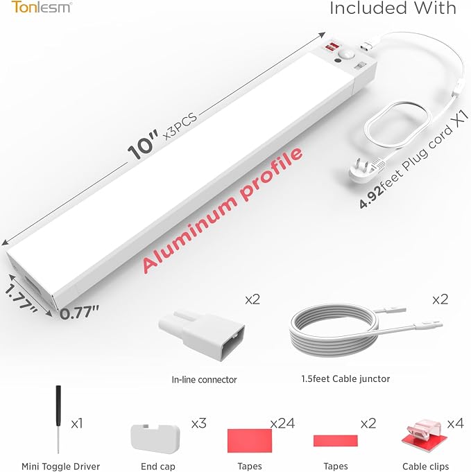 Under Cabinet Lighting Plug in 10in AC120V with Motion Sensor 3000K/4000K/5000K, Super Bright, Linkable Under Counter Light for Kitchen, Shelf, Sink, Closet, Aluminum White 3Pack