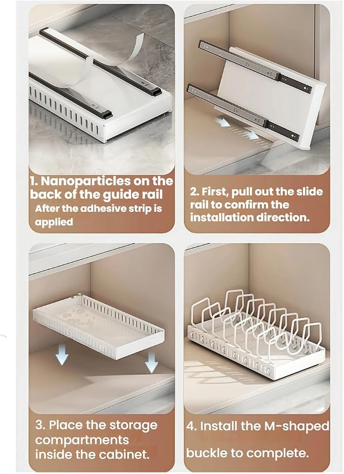 Pull out drawers Pots and Pans Organizer With M-Shaped Vertical Slots Under Cabinet,Slide Out inside Cabinet Storage for Pot Lid Holder And Spoon Rest,Dishes,7 Adjustable Dividers(White,"M"Style)