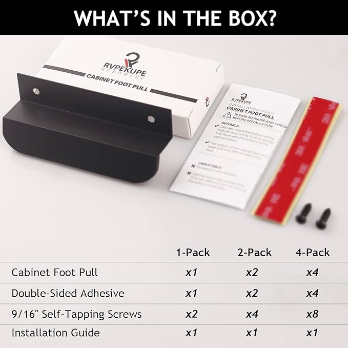 RVPEKUPE 1-Pack Under Cabinet Foot Pull with Adhesive and Screws, Hands Free Toe Foot Pull Opener for Kitchen Trash Cabinet Drawer, 4 Inch (Matte Black)