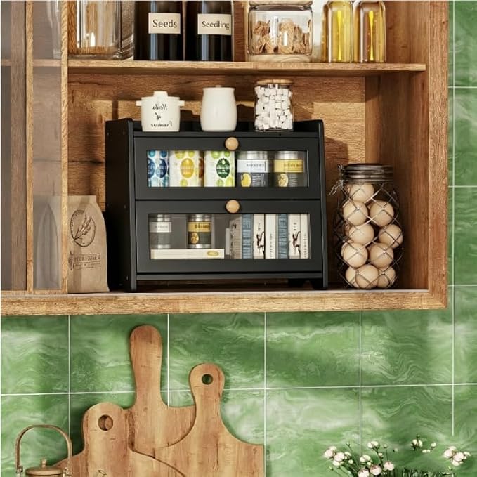 BAMBANG Bread Box for Kitchen Countertop, Extra Large Bamboo Bread Storage Container for Homemade Bread, Double Layer Breadox, Bread Bin Organizer for Counter Cabinet Pantry, Black