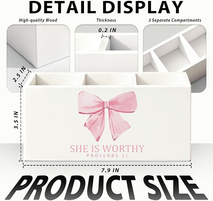 Pink Bow Christian Pen Holder, Christian Gifts for Women Pencil Holder for Desk, Proverbs 31 Woman Gifts, Bible Verse Wooden Box Sign Decorations for Girly Room Bedroom Dorm Desk Tabletop