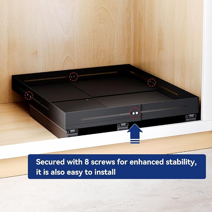 Pull Out Cabinet Organizer With Raising Pad for Framed Cabinets,Adjustable Depth(15.7"-24.4") And Width(12.8"-20.5"),Slide Out Drawers,No Drill Design,Heavy Duty Storing,Black