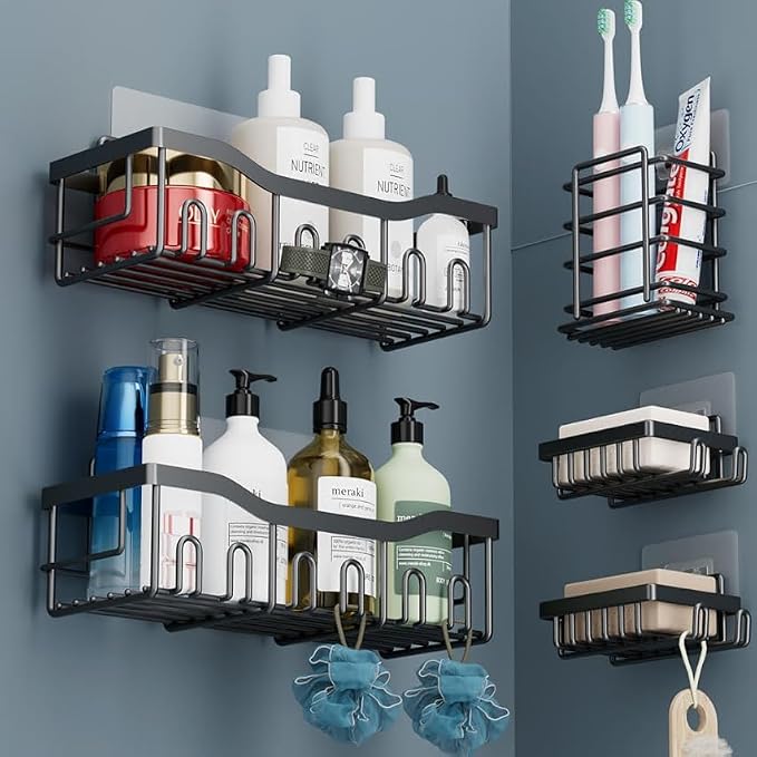 Adhesive Shower Caddy 5 Pack – Rustproof Stainless Steel No-Drill Bathroom Organizer Shelves with Large Capacity, Waterproof Storage Racks for Shower, Kitchen, Dorm, Apartment, and Home