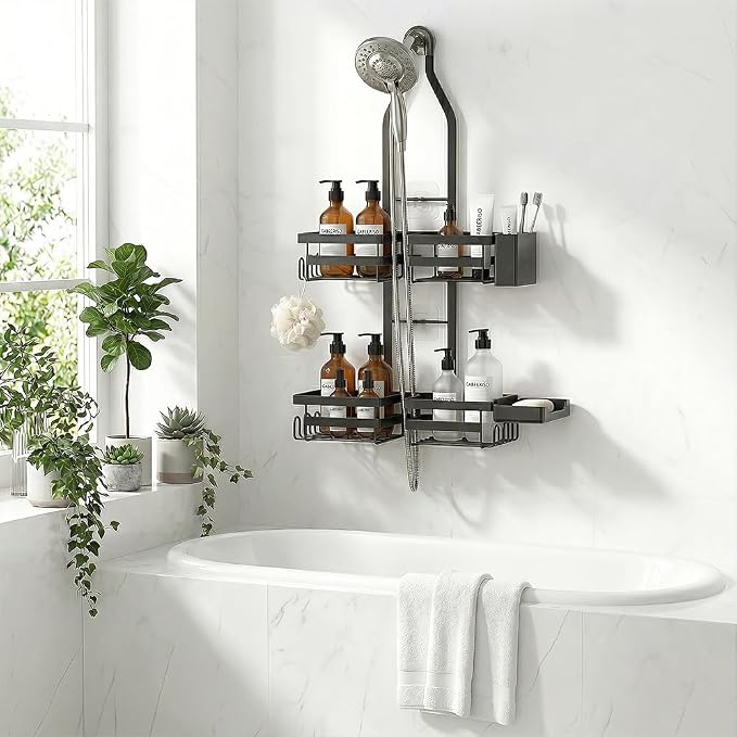 Shower Caddy Hanging for Handheld Showerhead - Rustproof Shower Organizer, 2-Tier No-Drill Over Showerhead Bathroom Shelf with Soap & Toothbrush Holder, Black