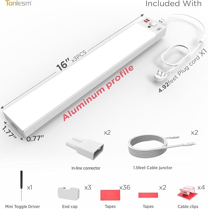 Under Cabinet Lighting Plug in 16in AC120V with Motion Sensor 3000K/4000K/5000K, Super Bright, Linkable Under Counter Light for Kitchen, Shelf, Sink, Closet, Aluminum White 3Pack