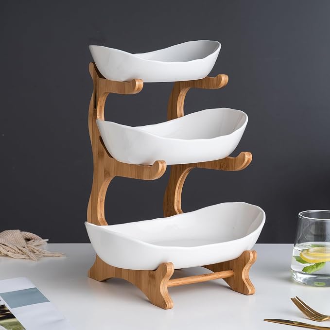 3 Tier Fruit Bowl With Bamboo Stand for Kitchen Counter,Ceramic Fruit Basket Large Capacity for Fruit Vegetable Storage,Snack Dessert Cake Tray Plate Rack for Party Wedding (White)