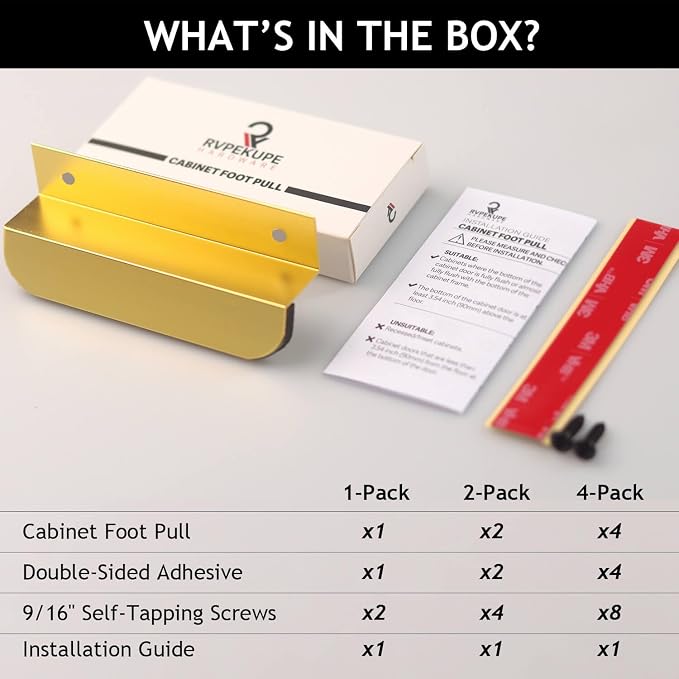 RVPEKUPE 2-Pack Under Cabinet Foot Pull with Adhesive and Screws, Hands Free Toe Foot Pull Opener for Kitchen Trash Cabinet Drawer, 4 Inch (Gold)