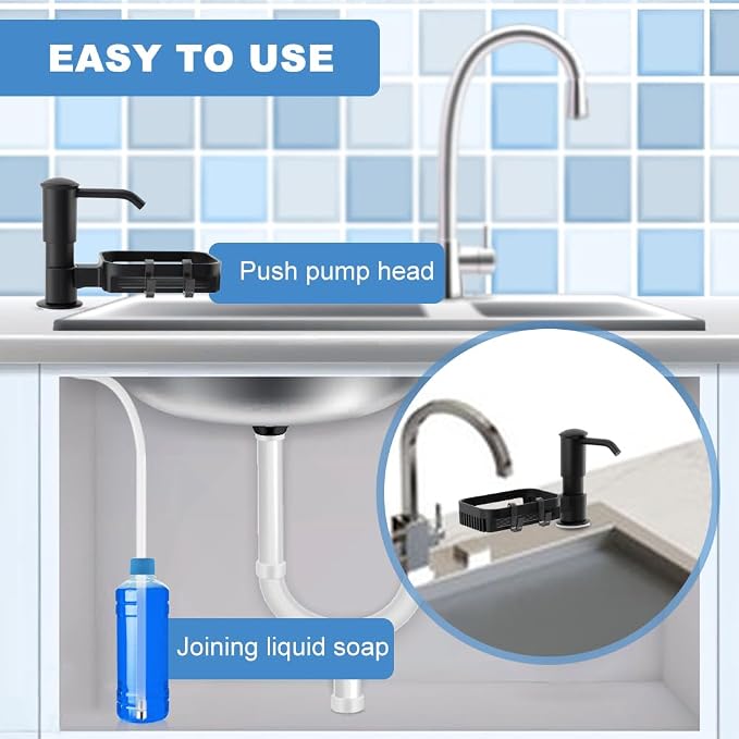 Soap Dispenser Pump for Kitchen Sink with Sponge Rack,Under Counter Sink Soap Dispenser Pump with 39" Extension Tube Kit,Fit for Kitchen Bathroom in Counter(Black)