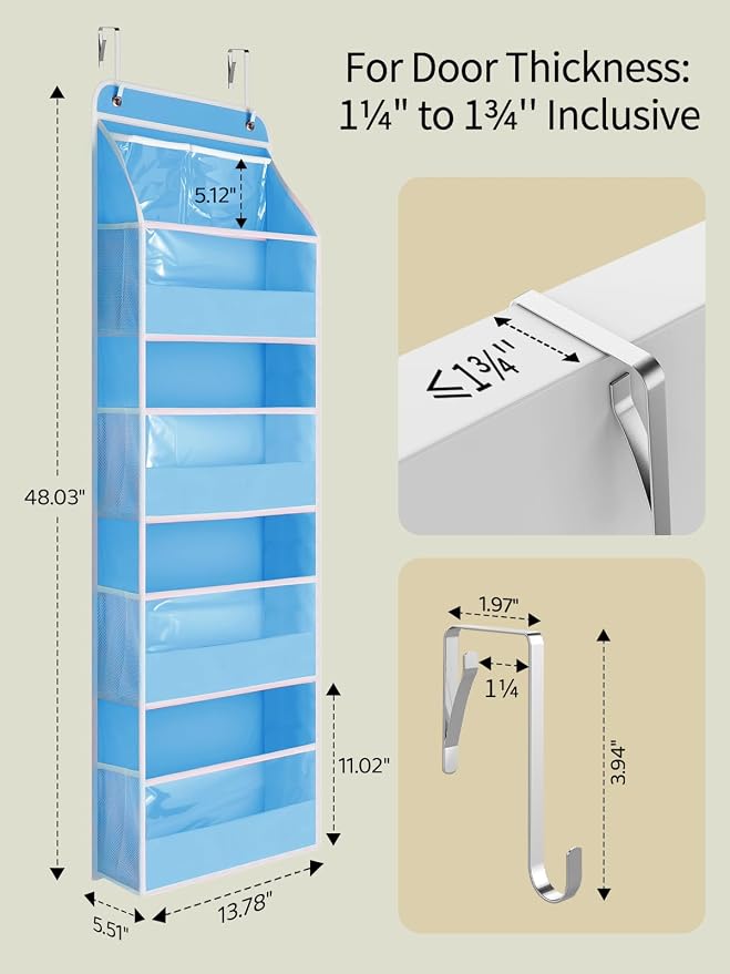 Yecaye 5 Tier Over the Door Organizer, Stuffed Animal Storage with Clear PVC Windows, Pink Room Decor for Dorm Essentials Bedroom Nursery Closet Laundry Pantry Bathroom, Soft Sky Blue