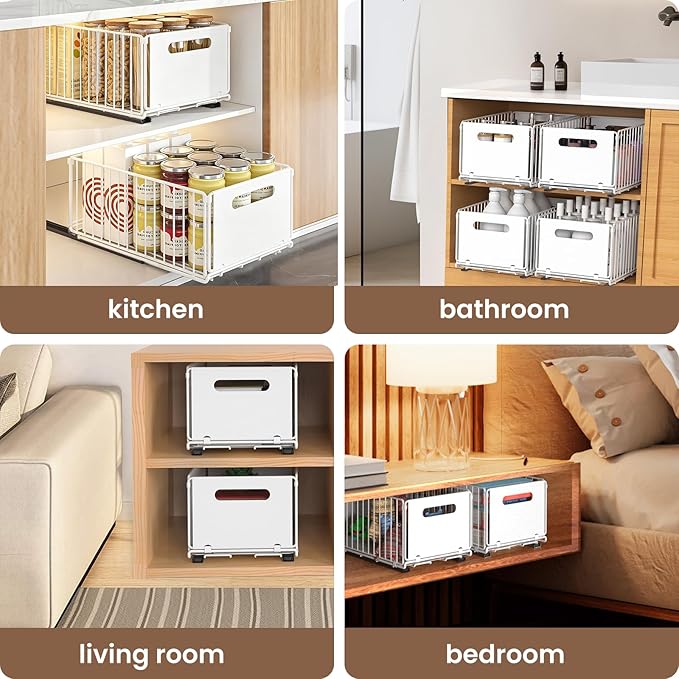 Pull Out Cabinet Organizer, 2 Pack Heavy Duty Slide Out Drawers Pantry Shelves Fixed With Strong Adhesive Glue and Handle for Kitchen, Living Room, Bathroom, Home (14.8" D X 9.6" W X 7.48" H)