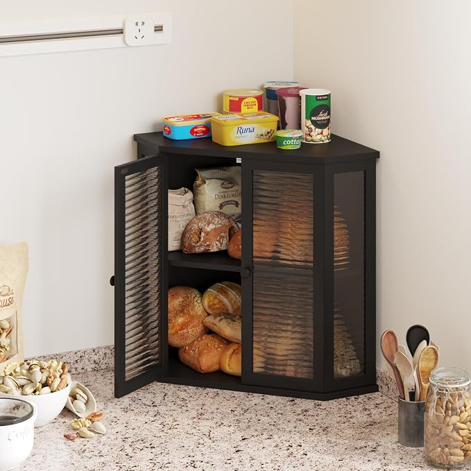 Extra Large Corner Bread Box for Kitchen Countertop, 16.5 Inch Charred Pine 2-Tier Breadbox with Glass Wavy Door Panel, Vintage Farmhouse Style Wood Design (balck)