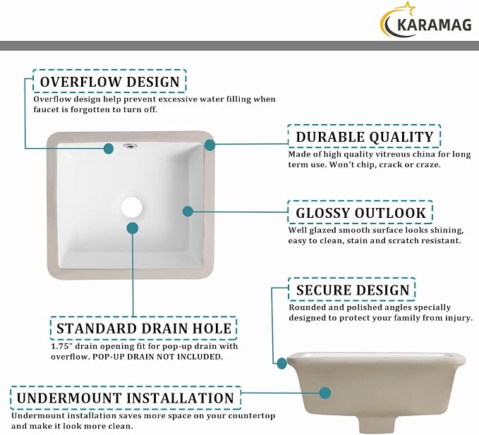 14 Inch Undermount Bathroom Sink Rectangle Small Undermount Sink White Ceramic Under Counter Bathroom Sinks with Overflow (14.0"x12.5")