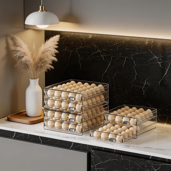 HIYOHIYO Clear 40 Slot Egg Holder for Fridge, 2 Layer, 9.8"x 8.5"x 5.5" | Time Scale Marking, Large Capacity, Stackable, Egg Container for Refrigerator or Countertop
