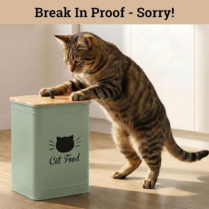 Cat Food Storage Container with Scoop - 5-7lb (25 Cup) Capacity Metal Cat Kibble Canister with Airtight Bamboo Lid and Metal Scoop - Airtight Pet Food Storage Containers 5 lb - 7 lb Kibble Container
