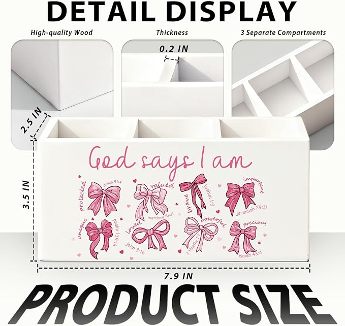 Coquette Pink Bow Christian Pen Holder, Christian Gifts for Women Pencil Holder for Desk, God Says I Am Bible Verse Wooden Box Sign Decorations for Girly Room Bedroom Dorm Office Desk Tabletop