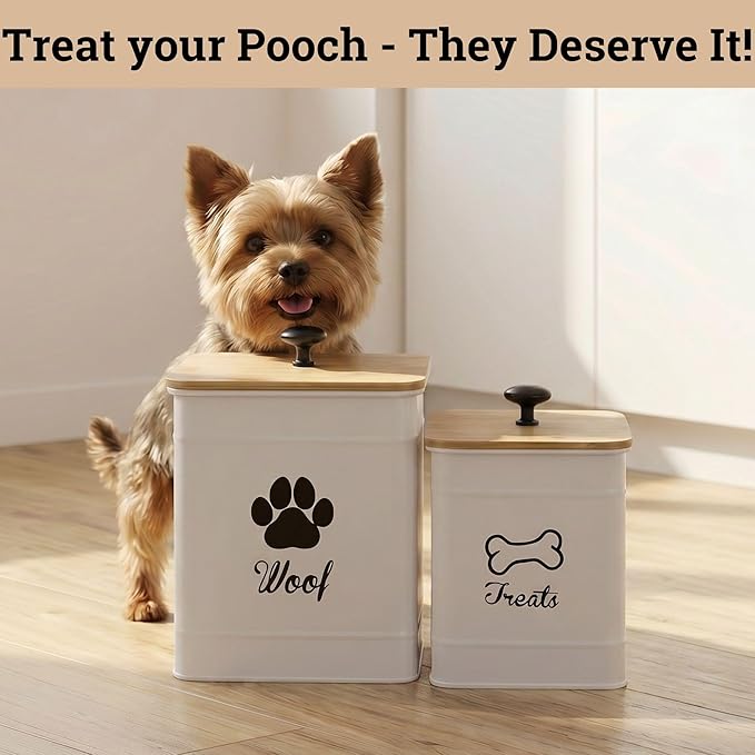 Dog Treat Container Airtight Set of 2 - 8x6 & 7x5 inch Iron Dog Treat Jars for Kitchen Counter with Airtight Bamboo Lids - 20 Cup Capacity Pet Treat Container Set - Doggie Cookie Jar - Treats Canister