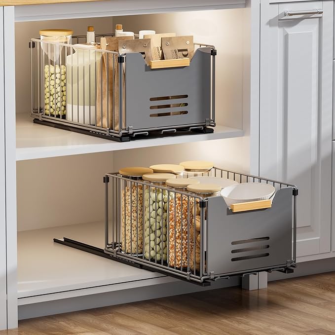 2 Pack Pull Out Cabinet Organizer, Slide Out Drawers for Cabinets, Peel and Stick, Heavy Duty Shelves for Kitchen, Cupboard, Pantry, Bathroom, Tall Style - Gray(14.76" D*9.64" W*7.48" H)