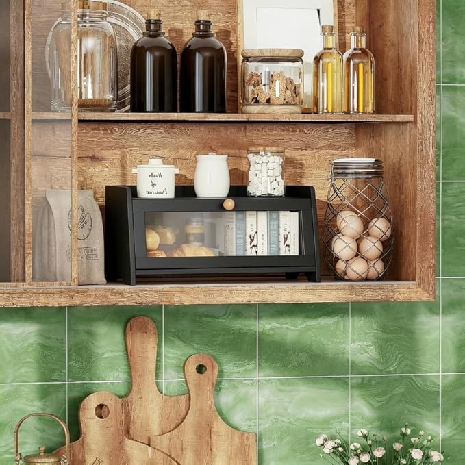 BAMBANG Bread Box for Kitchen Countertop, Bamboo Bread Box for Homemade Bread, Wooden Farmhouse Bread Storage Container, Large Breadbox Bread Bin Organizer for Counter Cabinet Pantry, Black