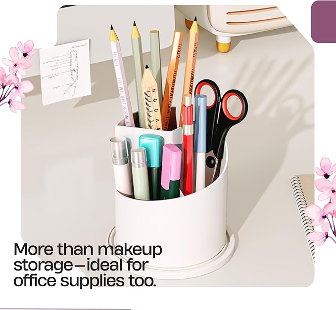 LEFEEL Lumière Mini 360 Rotating Makeup Organizer with Lid, Diamond Cut Cosmetic Organizer - Dustproof Vanity Organizer for Makeup Brushes, Toothbrush & Bathroom Countertop (White