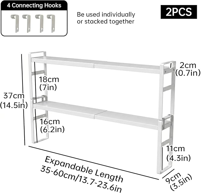 2pc Small Narrow Tall Shelf for Windowsill Kitchen Organizer Stackable Shelves Bathroom Sill Thin Shelves for Narrow Spaces Counter Top Racks (White, L13.7-23.6'' * W3.5'' * H14.5'')