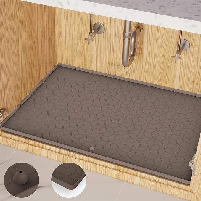 Under Sink Mat 10"x16" Under Sink Mats for Kitchen, Silicone Waterproof Under Sink Liner, Sink Cabinet Organizer Tray with Drain Hole