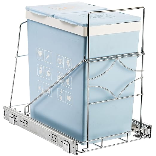Youeon Pull Out Trash Can Under Cabinet, Adjustable Stainless Steel Under Sink Trash Can Pull Out, Slide Out Garbage Shelf, Fit for 7-11 Gallon Trash Can(Not Included)