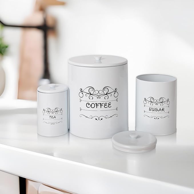 Kitchen Canisters Set of 3, Food Storage Containers for Countertop, Large Airtight Coffee Sugar Tea Containers with Lids, White Farmhouse Decor