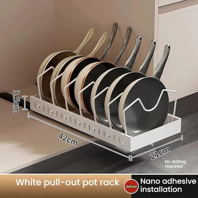 Pull out drawers Pots and Pans Organizer With M-Shaped Vertical Slots Under Cabinet,Slide Out inside Cabinet Storage for Pot Lid Holder And Spoon Rest,Dishes,7 Adjustable Dividers(White,Basic)