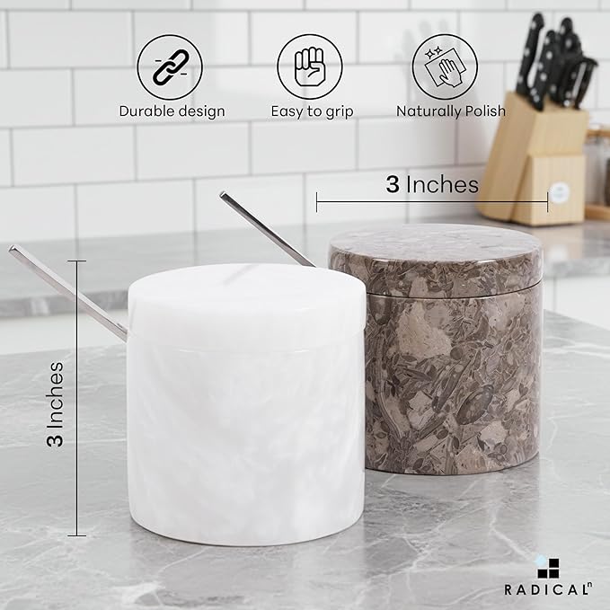 Radicaln Marble Salt Cellar with Lid and Tray 3" Inch Oceanic and White Handmade Salt Dish For Kitchen Countertop, Ideal Set of 2 Seasoning Jars & Table Salt Container For Table