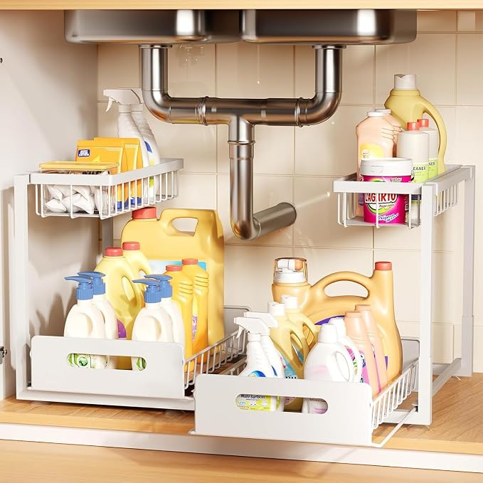 Under Sink Organizer,Metal Pull Out Cabinet Organizer Shelf,Kitchen Bathroom Organizers with Sliding Drawer,Storage Shelves,Storage and Organization for Home,Laundry,RV,Pantry,Spice,White,2 Pack