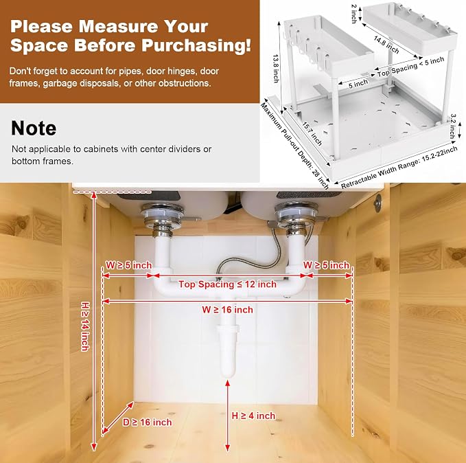 Expandable Pull Out Cabinet Organizer - Adjustable Width 12-18" & Depth 13-23", 3-Rail Heavy Duty Slide Out Drawer, No-Drills Adhesive Mount, Fits Lip & Lip-Free Cabinets (White)