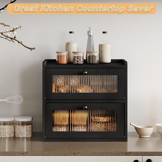 Alpeir Double Layer Large Bread Box for Kitchen Countertop, Black | Ventilation Hole, Longer Fresh, Natural Wood, Fit Homemade Bread & Baked, Extra Top Storage, Acrylic Window, Modern Style