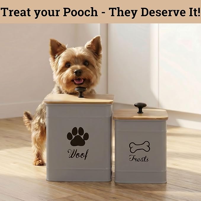 Dog Treat Container Airtight Set of 2 - 8x6 & 7x5 inch Iron Dog Treat Jars for Kitchen Counter with Airtight Bamboo Lids - 20 Cup Capacity Pet Treat Container Set - Doggie Cookie Jar - Treats Canister