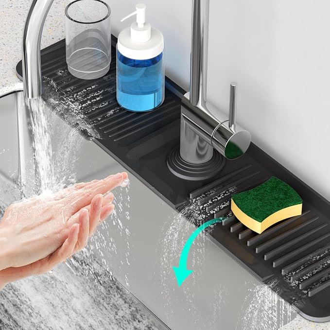 24 Inch Longer Faucet Mat for Kitchen Sink, 5ยฐ Slope Fast Self-draining, Kitchen Sink Splash Guard Silicone Sink Faucet Mat Splash Guard Kitchen Sink Area Tidy Splash Faucet Guard Draining Mat