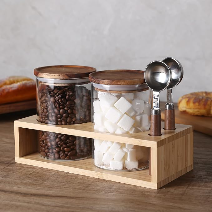 KKC Airtight Loose Leaf Tea Canister Set with 2 Spoons - 25 fl oz Glass Tea Storage Jars with Bamboo Lid and Rack, Elegant Countertop Tea Station Organizer for Matcha, Chai & Herbal Tea