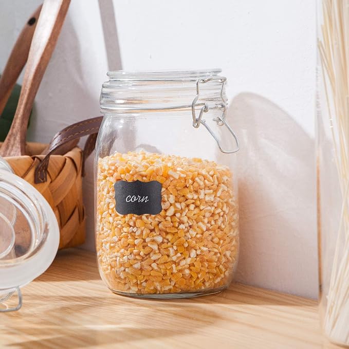 Flrolove Glass Kitchen Storage Canister Mason Jars with Lids,32oz Airtight Glass Canister with Hinged Lid,Perfect for Kitchen Canning Cereal,Pasta,Sugar,Beans (Labels & Chalk Marker)-Set of 4