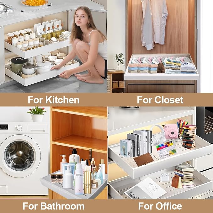 Pull out Cabinet Organizer, Expandable(12"-20") Heavy Duty Slide out Drawers Fixed with Adhesive Nano Film for Pots, Roll out Drawers for Kitchen Cabinets Organization, Pantry, Bathroom