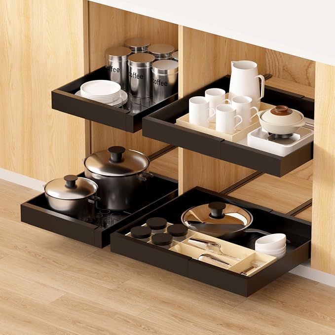 2 Pack Expandable Pull Out Kitchen Cabinet Organizer,Adhesive No Drilling Slide Out Drawers for Kitchen Base Cabinet,Shelves,PantryStorage, Adjustable Width Cabinets Drawers 12.4"-20.4"