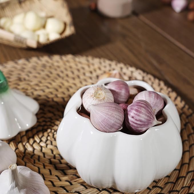TOIVO Garlic Keeper for Counter,with Lid and Holes GarlicSaver,Garlic Holder Storage Container toKeep (white)