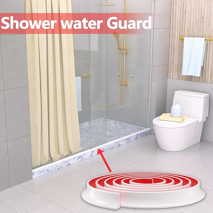 New Collapsible Shower Threshold Water Dam, Self Adhesive Silicone Waterproof Barrier Bathroom and Kitchen Water Strip Dam Shower Guard for Dry and Wet Separation Caulk Seal Strip Edge Trim(White)