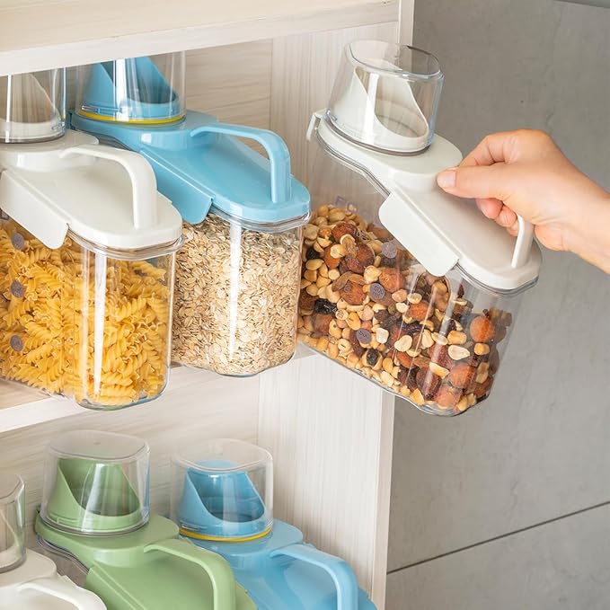 LANGMINGDE 3 Pieces Cereal Containers Storage, 51fl.oz/1.5L Compact Crystal Clear Dry Food Storage Containers with Pouring Spout Measuring Cup for Rice Nuts Beans Pet Food Snacks Candies, 3PCS