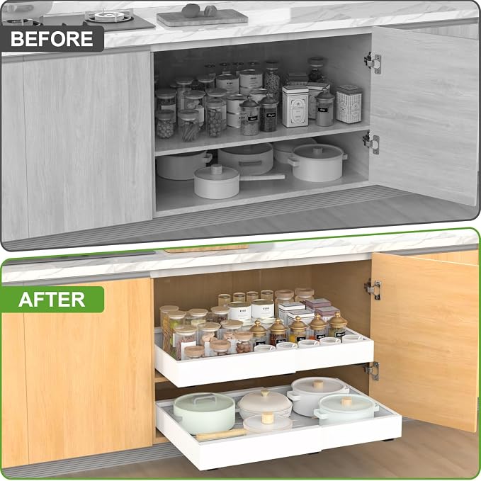 ANTOWIN 1Pack Expandable Pull Out Cabinet Organizer 16.5"Deep (12.2"-20.5" Width), Slide Out Drawers for Kitchen Cabinets, Roll Out Shelves Adhesive with 3-Layer Steel, for Cabinets Without Lip, White