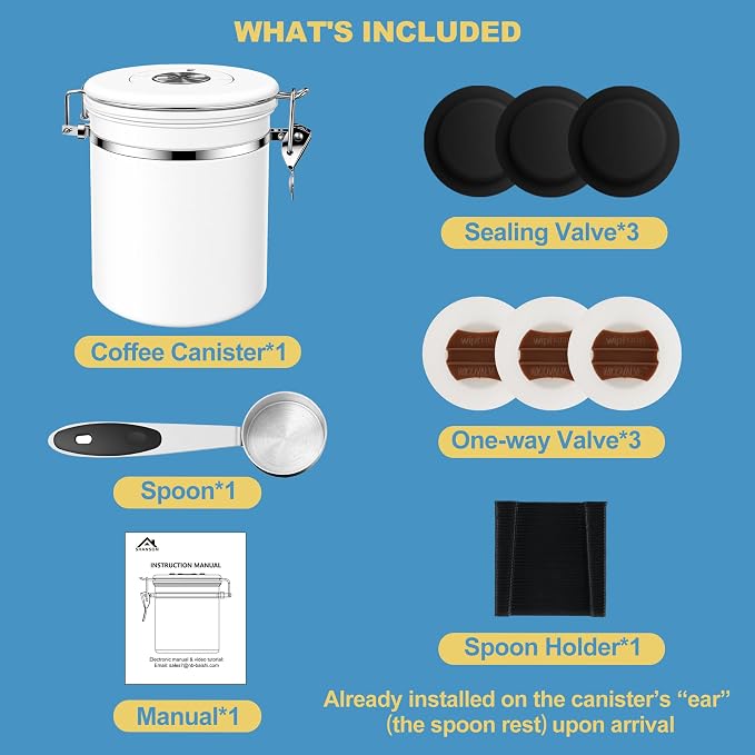 ShanSon Coffee Canister Airtight, Stainless Steel Bean Storage Container with Date Tracker & Scoop, Grounds Sugar Flour Tea Cereal Fits Kitchen Pantry, Ideal Gift for Coffee Lovers,16oz, White